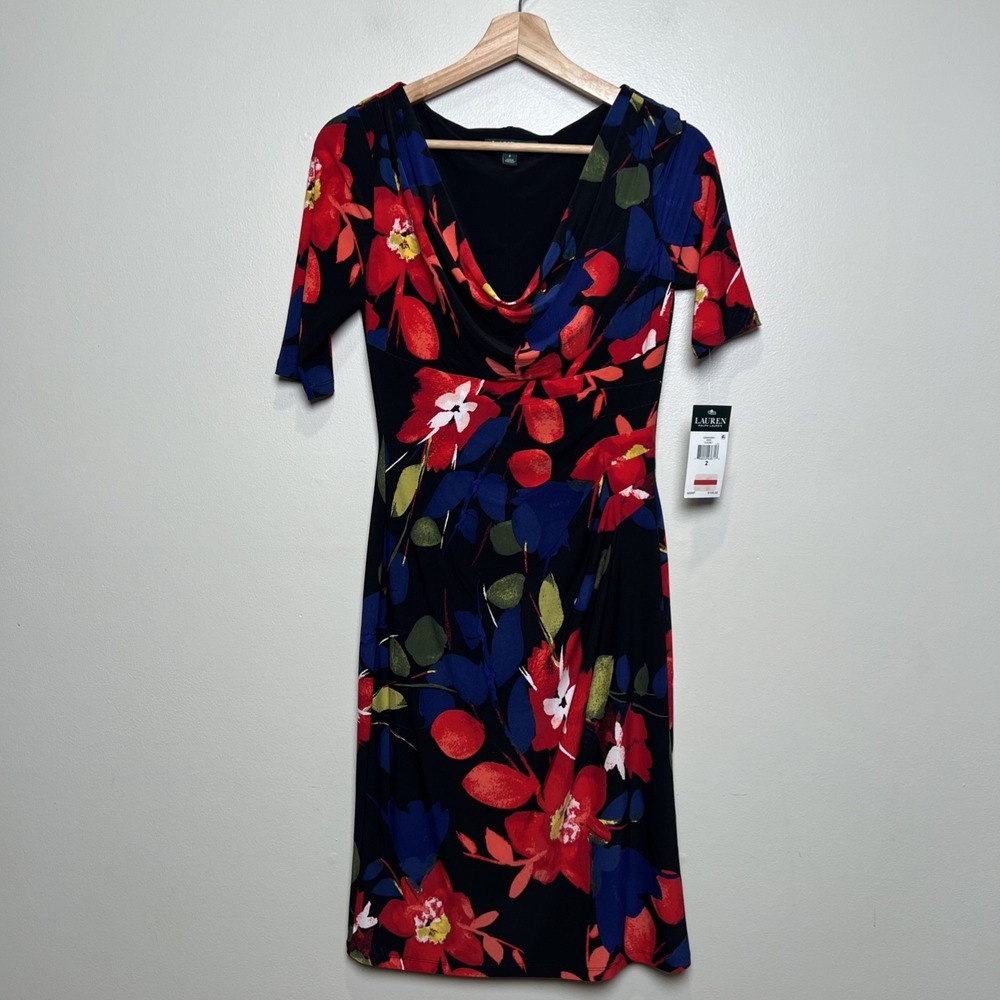 LAUREN RALPH LAUREN FLORAL COWL NECK SHEATH DRESS SIZE 2‎ RUCHING NWT